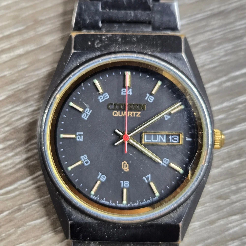 Citizen 6101-S05413 Quartz Watch Mens Black Gold Day Date Vintage Tested